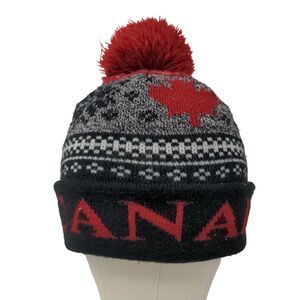 Gertex Men's Canada Knit Beanie Hat Cap Black Gray Pom Pom Maple Leaf